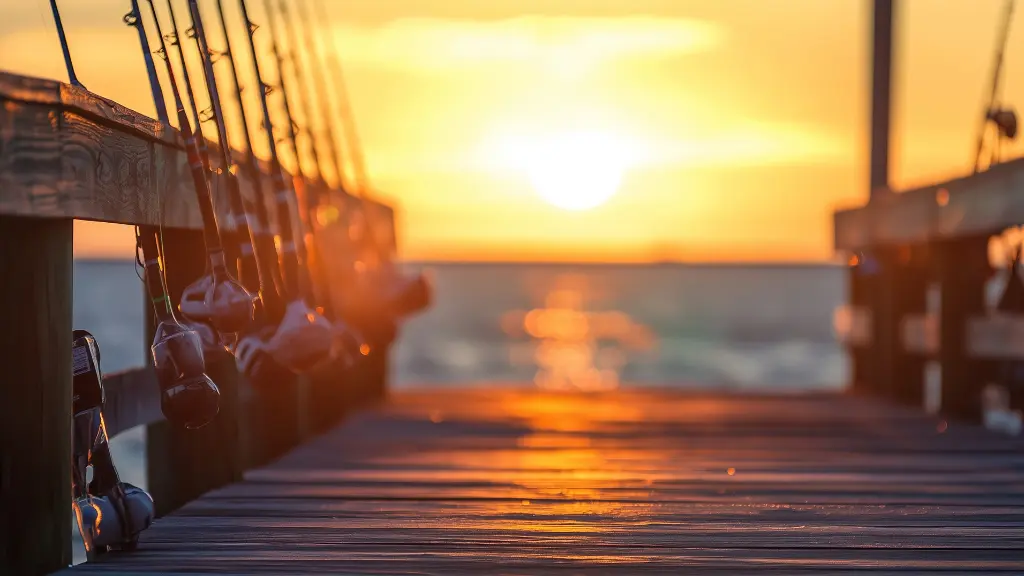 A peaceful sunset view from a pier with fishing rods casting shadows over the calm water in the evening light